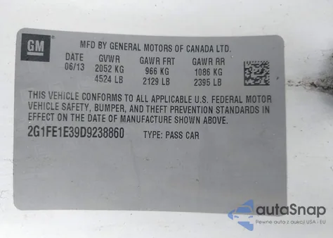 2013 Chevrolet Camaro 1Ls z USA, uszkodzony, nr VIN 2G1FE1E39D9238860